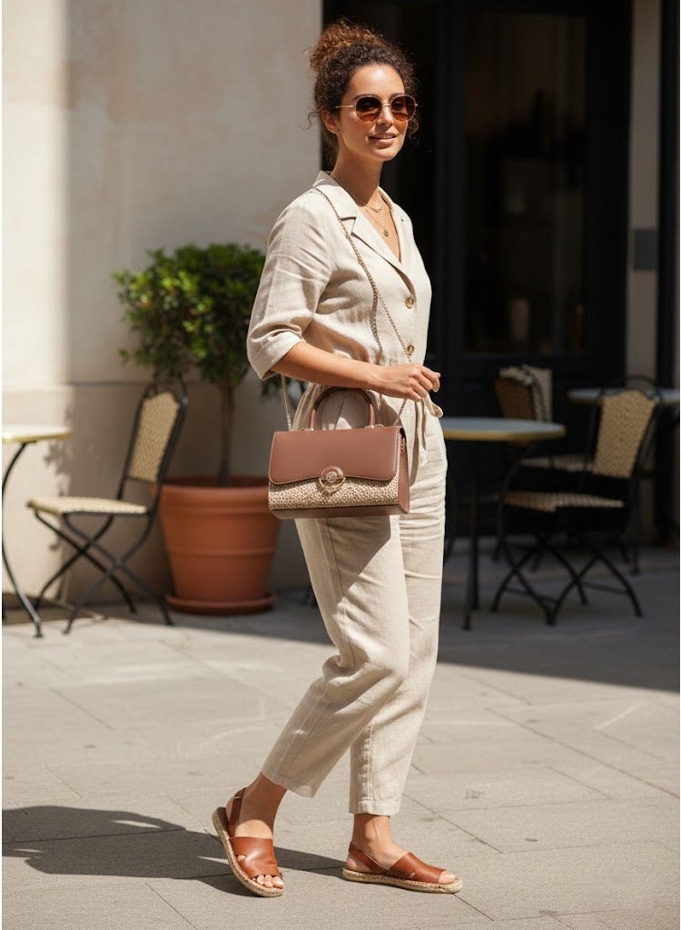 FUMES Coffee brown Women’s Handbag – Smooth Finish with Patterned Fabric Panel, Structured Top Handle & Chain Strap, Elegant Office & Evening Bag - Image 5